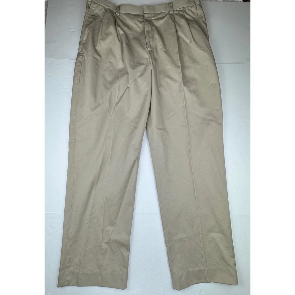 L.L. Bean Pleated Chinos 38 Cotton Khaki Classic Comfort Waist Casual Work Pants